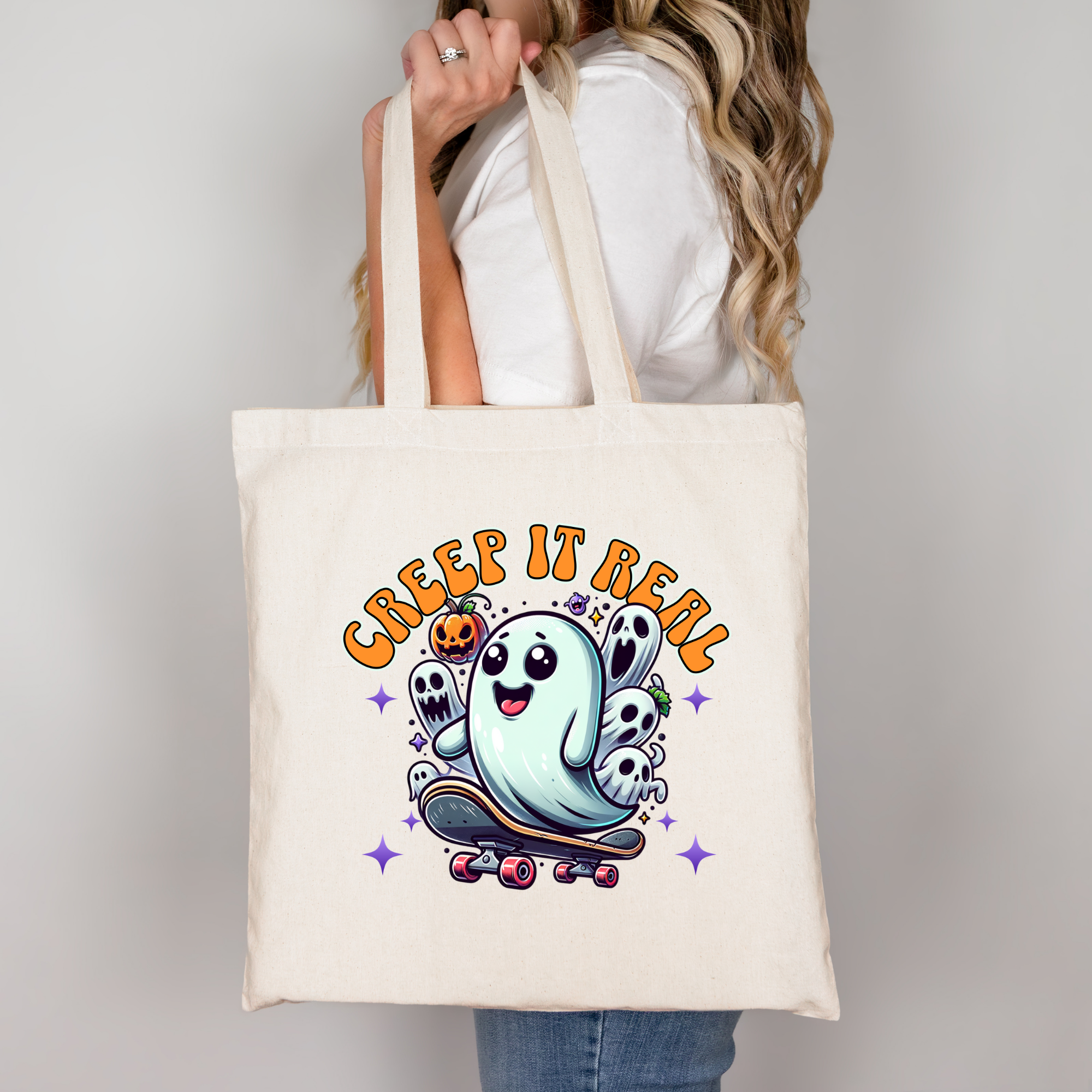Halloween Tragetasche Creep It Real Geist Skateboard – Baumwollbeutel mit Druck – Bügelbild erhältlich – Geschenkidee – Schwarz Beige Rosa – DTG Druck
