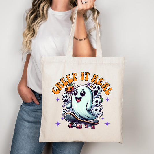 Halloween Tragetasche Creep It Real Geist Skateboard – Baumwollbeutel mit Druck – Bügelbild erhältlich – Geschenkidee – Schwarz Beige Rosa – DTG Druck