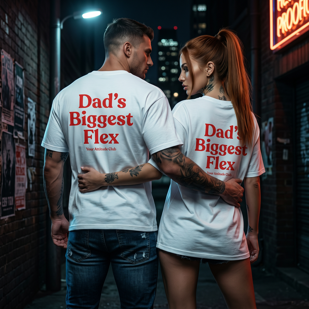 Dad’s Biggest Flex Shirt mit Backprint – Oversize Unisex T-Shirt aus 100% Baumwolle, Streetwear Look, Geschenkidee