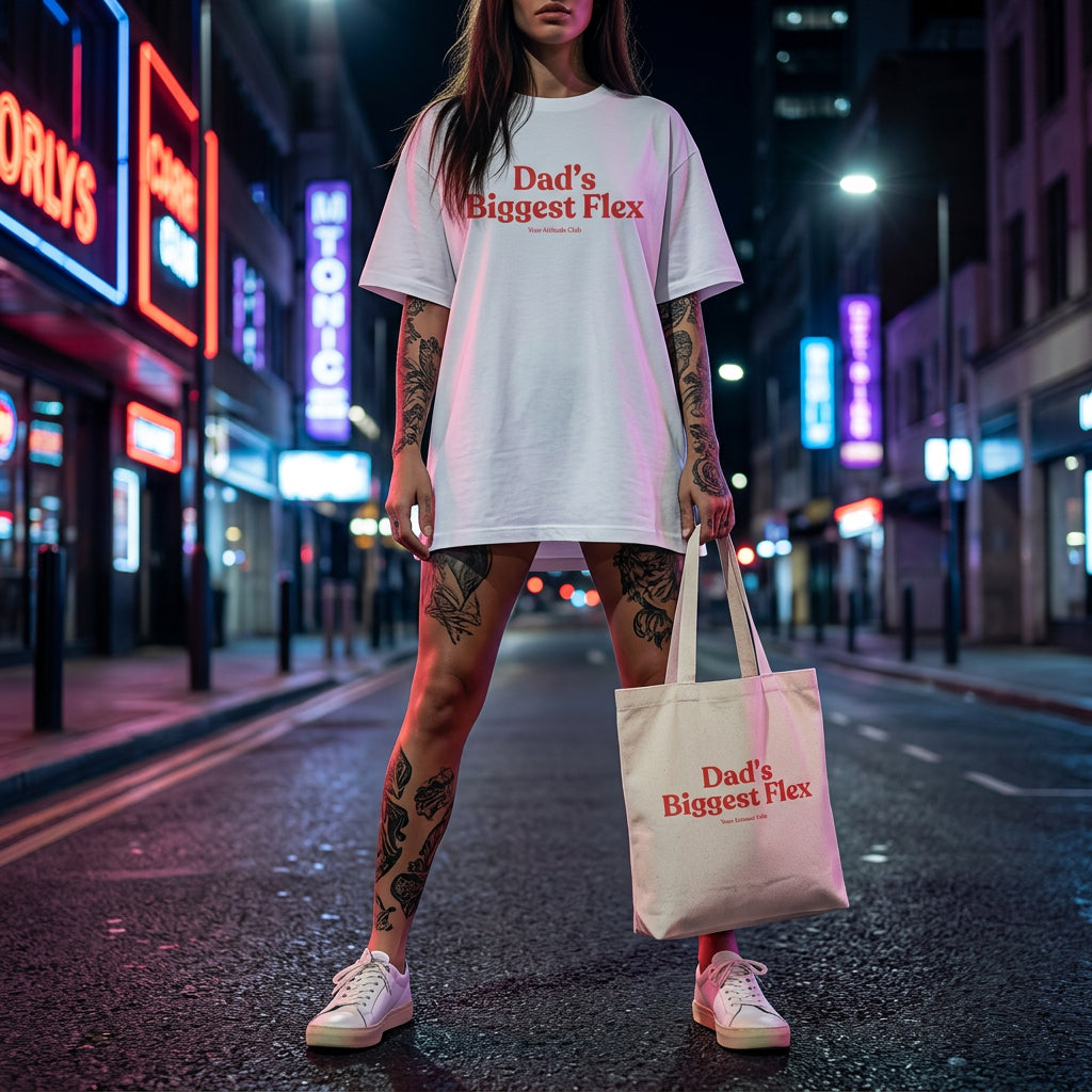 Dad’s Biggest Flex Beutel – Baumwoll Tragetasche mit Spruch, Shopper Bag Herren Damen, Stoffbeutel groß, Geschenk für Vater, nachhaltig, Streetstyle