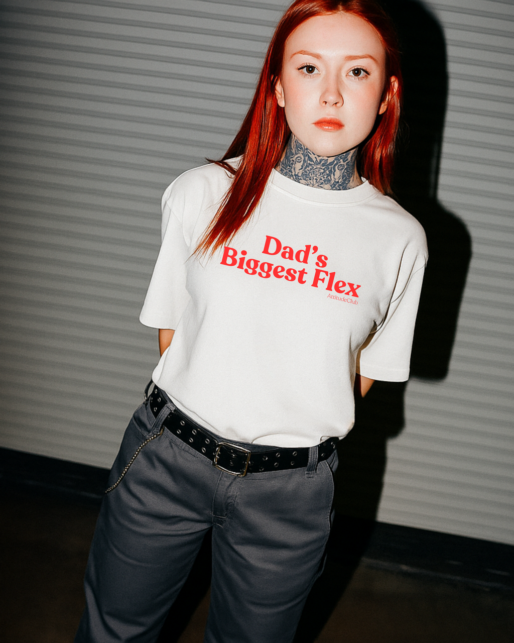 Dad's Biggest Flex Oversized Women's T-Shirt Black White Premium Organic Cotton Statement Shirt