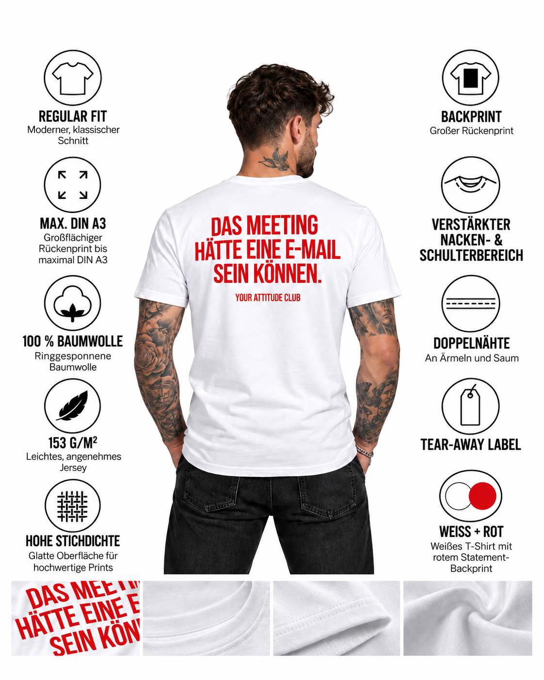 DAS MEETING HÄTTE EINE E-MAIL SEIN KÖNNEN. – Unisex Statement T-Shirt Weiß mit rotem Print | Büro Sprüche Shirt