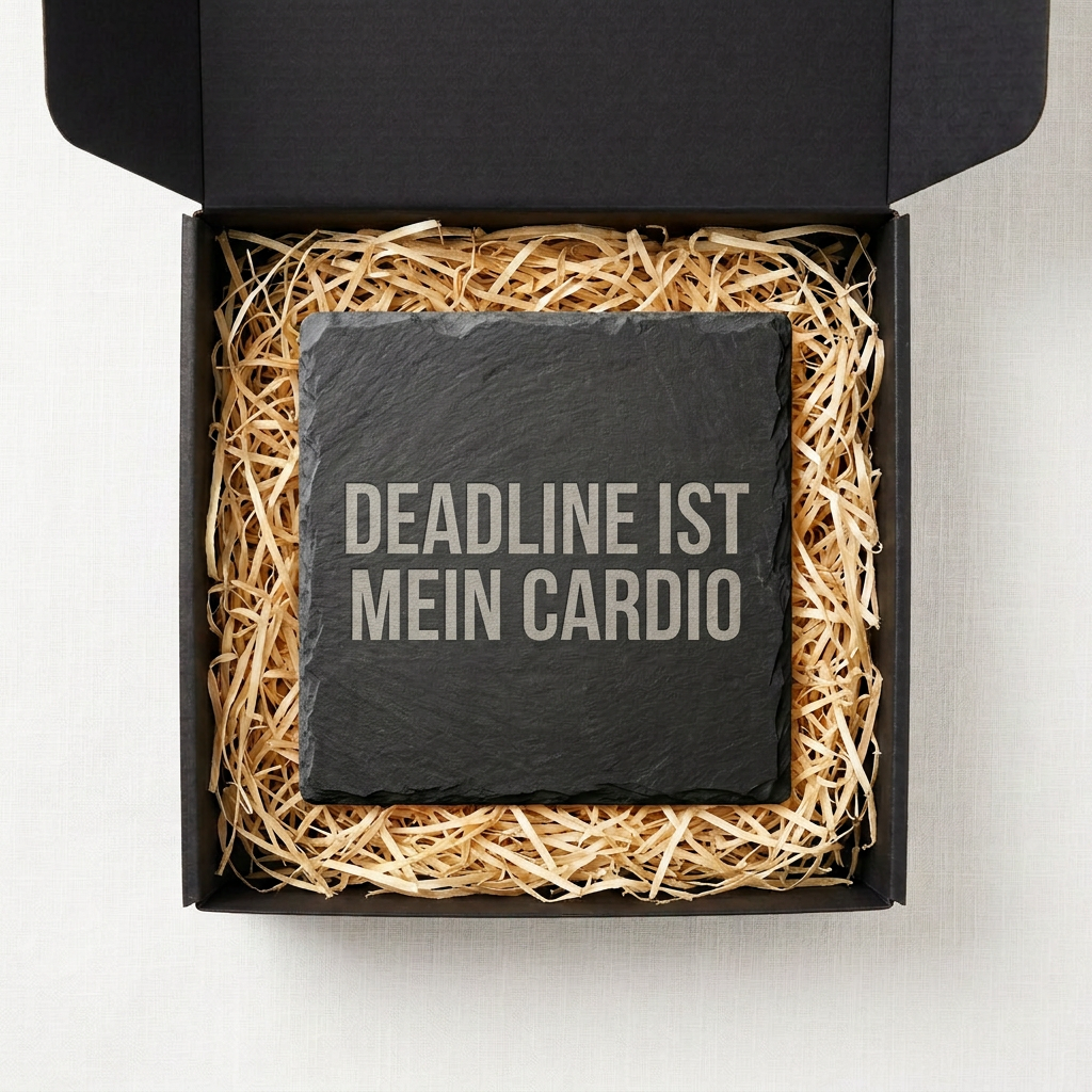 Deadline ist mein Cardio – Schiefer Untersetzer 10x10 cm, lustiges Büro Geschenk, Geschenk für Arbeitskollegen, handgravierter Naturstein
