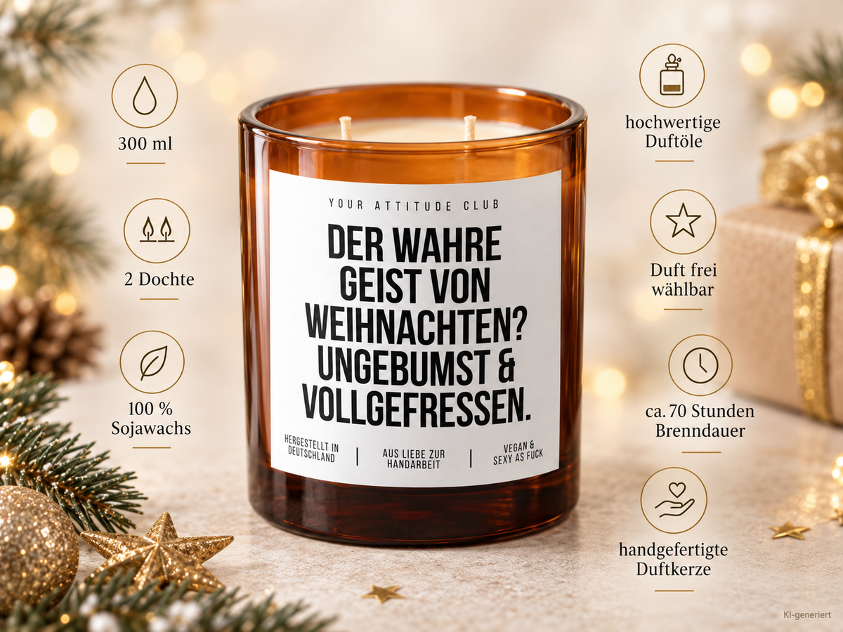 DER WAHRE GEIST VON WEIHNACHTEN? UNGEBUMST & VOLLGEFRESSEN. – Weihnachtskerze Naturgras Etikett | lustiges Weihnachtsgeschenk | Geschenkidee