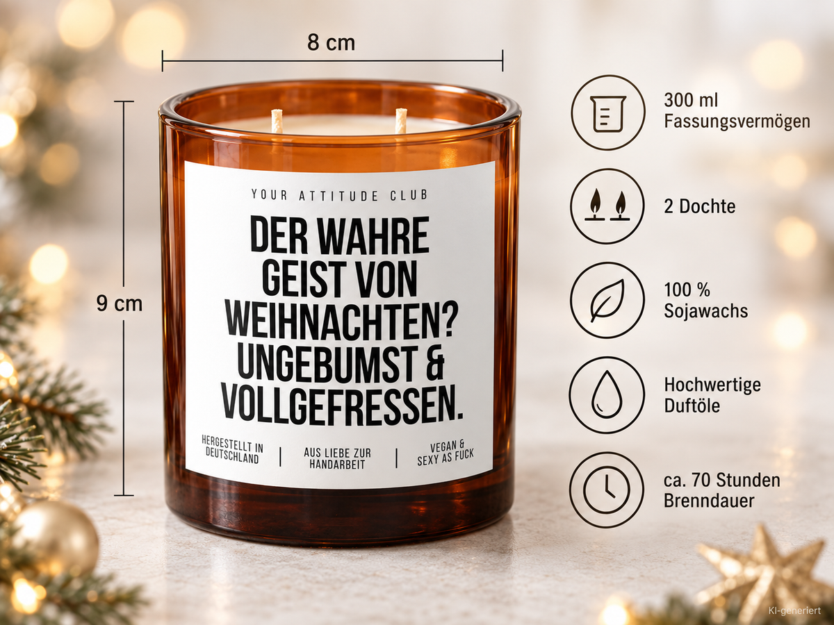 DER WAHRE GEIST VON WEIHNACHTEN? UNGEBUMST & VOLLGEFRESSEN. – Weihnachtskerze Naturgras Etikett | lustiges Weihnachtsgeschenk | Geschenkidee
