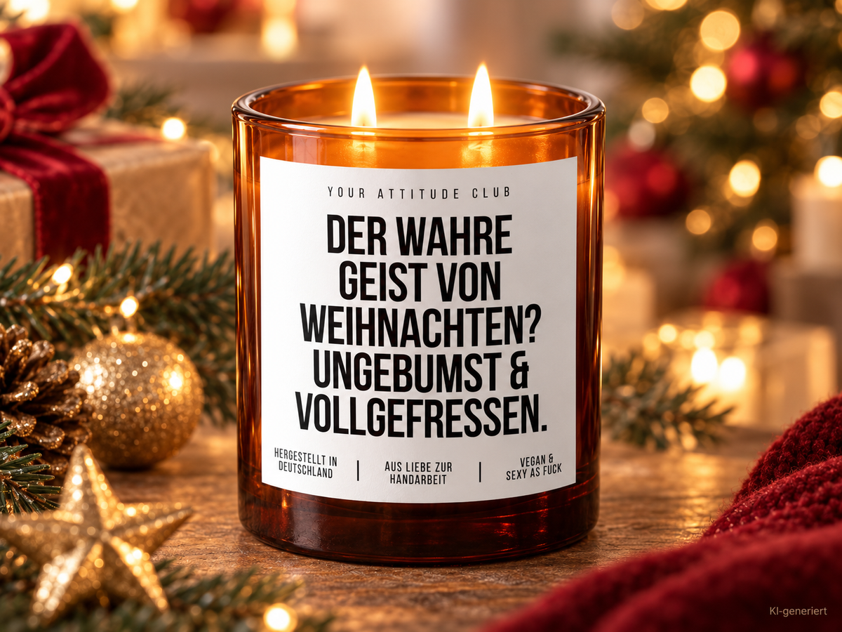 DER WAHRE GEIST VON WEIHNACHTEN? UNGEBUMST & VOLLGEFRESSEN. – Weihnachtskerze Naturgras Etikett | lustiges Weihnachtsgeschenk | Geschenkidee