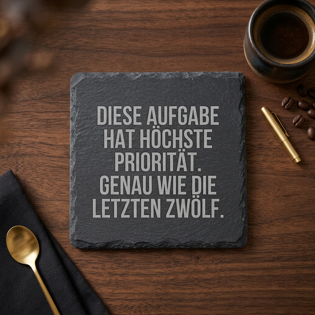 Diese Aufgabe hat höchste Priorität. Genau wie die letzten zwölf. – Schiefer Untersetzer 10x10 cm, lustiges Büro Geschenk, Geschenk für Arbeitskollegen, handgravierter Naturstein