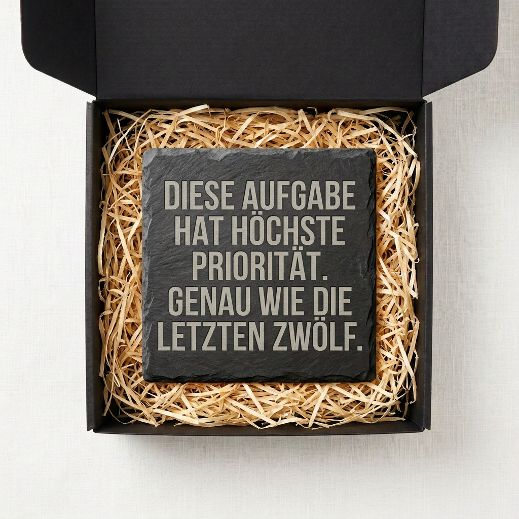 Diese Aufgabe hat höchste Priorität. Genau wie die letzten zwölf. – Schiefer Untersetzer 10x10 cm, lustiges Büro Geschenk, Geschenk für Arbeitskollegen, handgravierter Naturstein