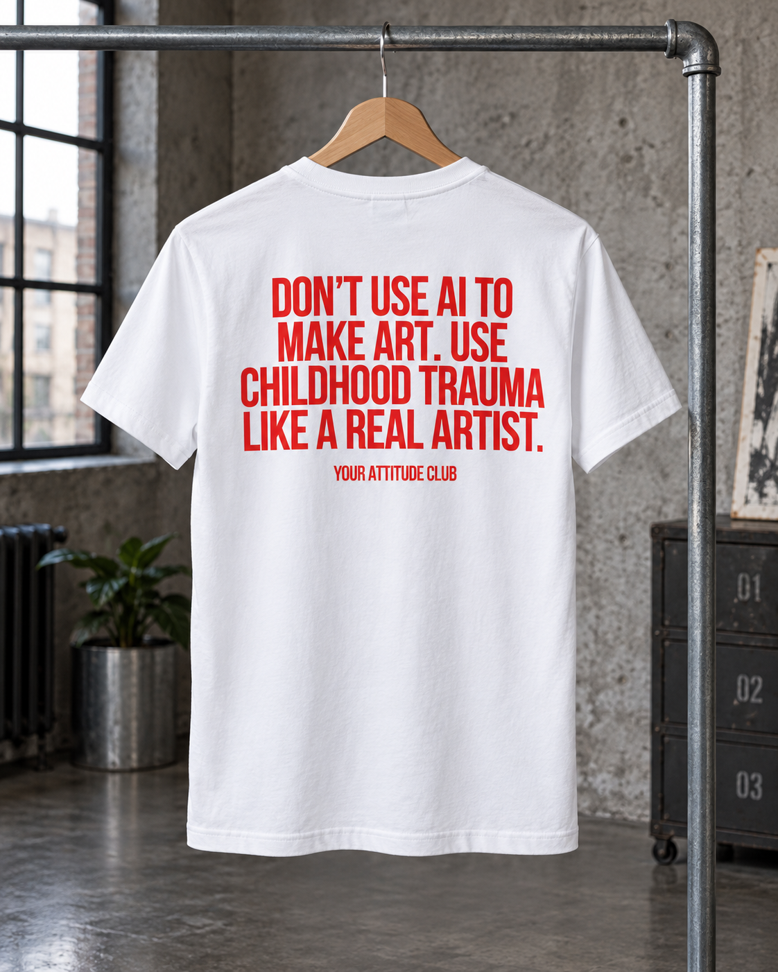 DON’T USE AI TO MAKE ART. USE CHILDHOOD TRAUMA LIKE A REAL ARTIST. – Unisex Statement T-Shirt Weiß mit rotem Backprint | schwarzhumoriges Sprüche Shirt