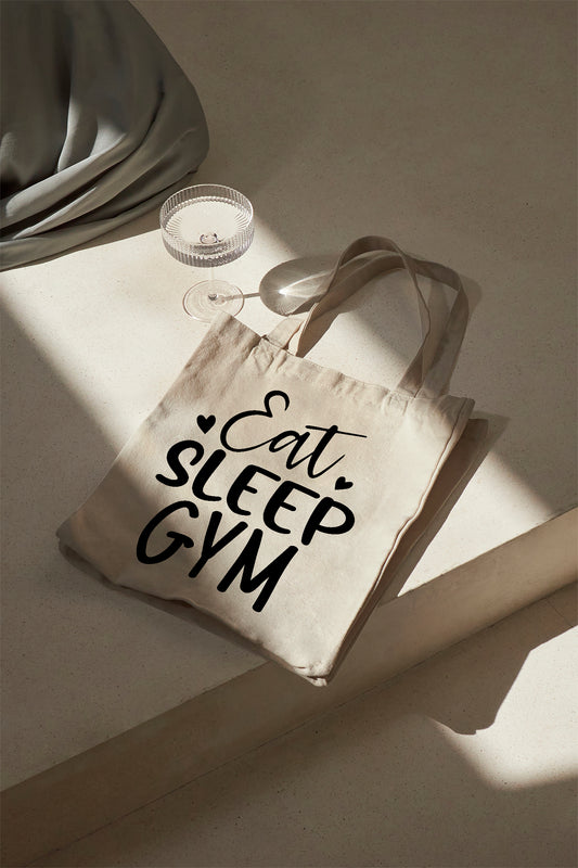 Eat Sleep Gym Baumwolltasche Stoffbeutel Fitness Gym Bag Sporttasche nachhaltig Jutebeutel mit Spruch Schulterbeutel Einkaufstasche bedruckt