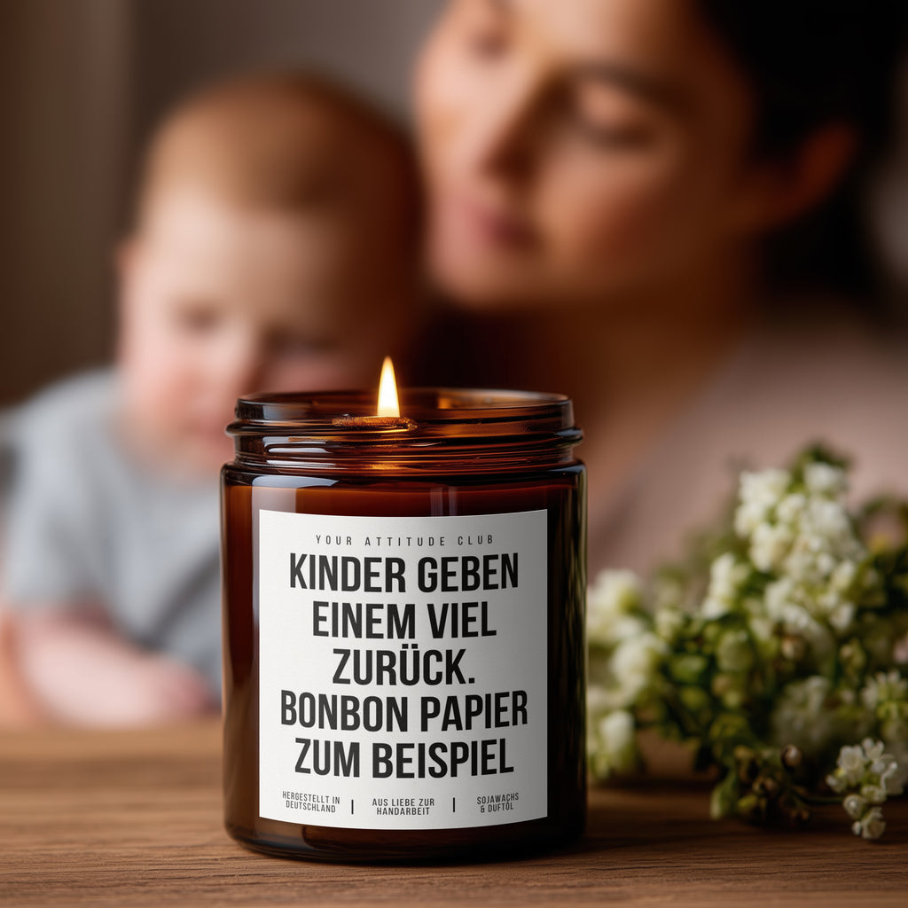 Children give you a lot back. Candy wrappers, for example – the perfect candle for moms with a sense of humor