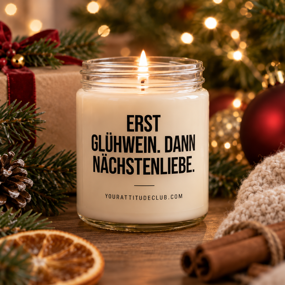 ERST GLÜHWEIN. DANN NÄCHSTENLIEBE. | Weihnachtskerze, lustiges Weihnachtsgeschenk, Wichtelgeschenk, Geschenk für Freundin, Kollegin, Freunde