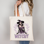 Feeling Witchy Tragetasche Halloween | Hexen Baumwollbeutel mit Motiv | Schwarze Rosa Beige Stofftasche | DTG Druck | Geschenkidee Hexe & Magie | Bügelbild verfügbar