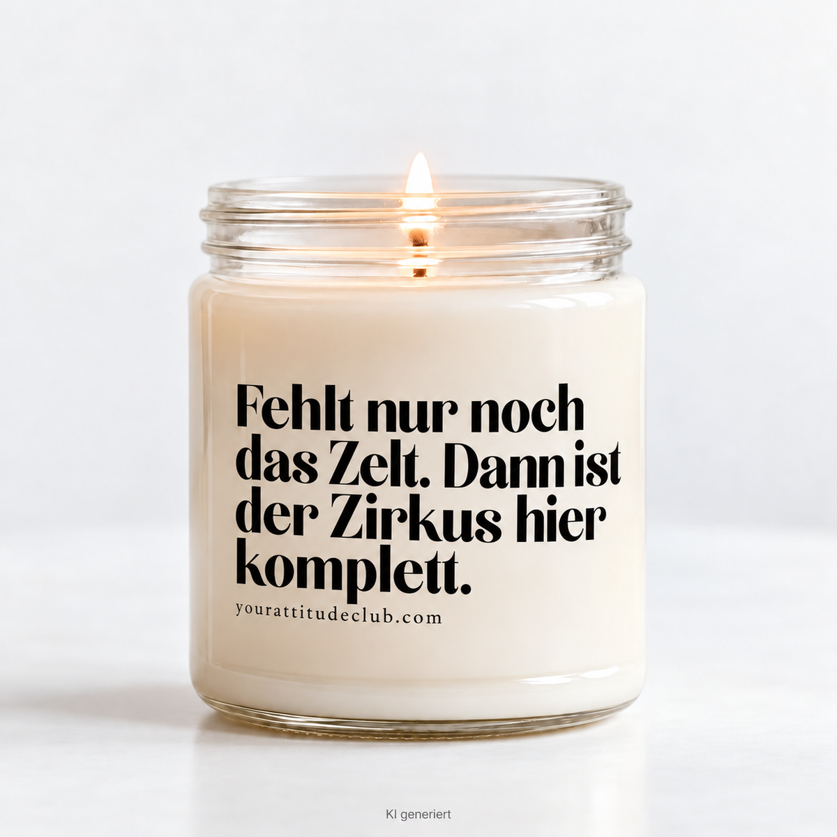 All that's missing is the tent. Then the circus here is complete – Funny Candle with Sayings, Humorous Scented Candle Gift Idea Family Friends, Your Attitude Club