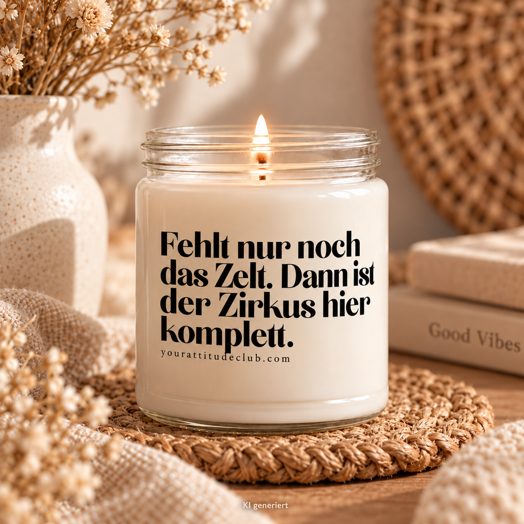 All that's missing is the tent. Then the circus here is complete – Funny Candle with Sayings, Humorous Scented Candle Gift Idea Family Friends, Your Attitude Club