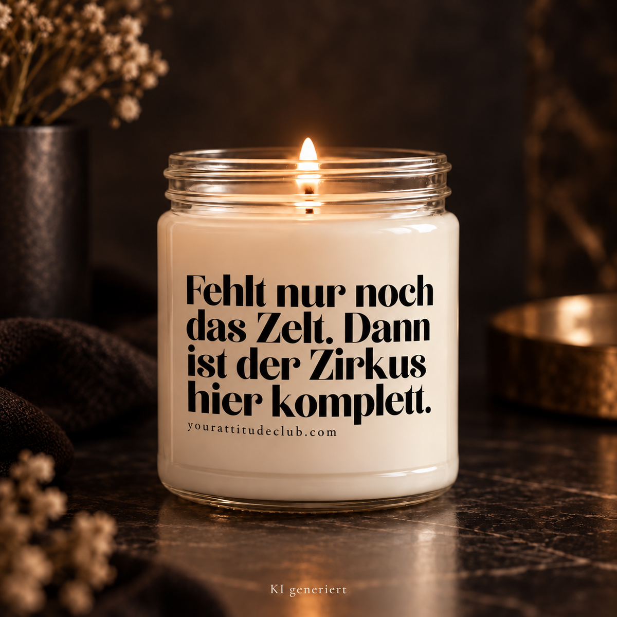 All that's missing is the tent. Then the circus here is complete – Funny Candle with Sayings, Humorous Scented Candle Gift Idea Family Friends, Your Attitude Club