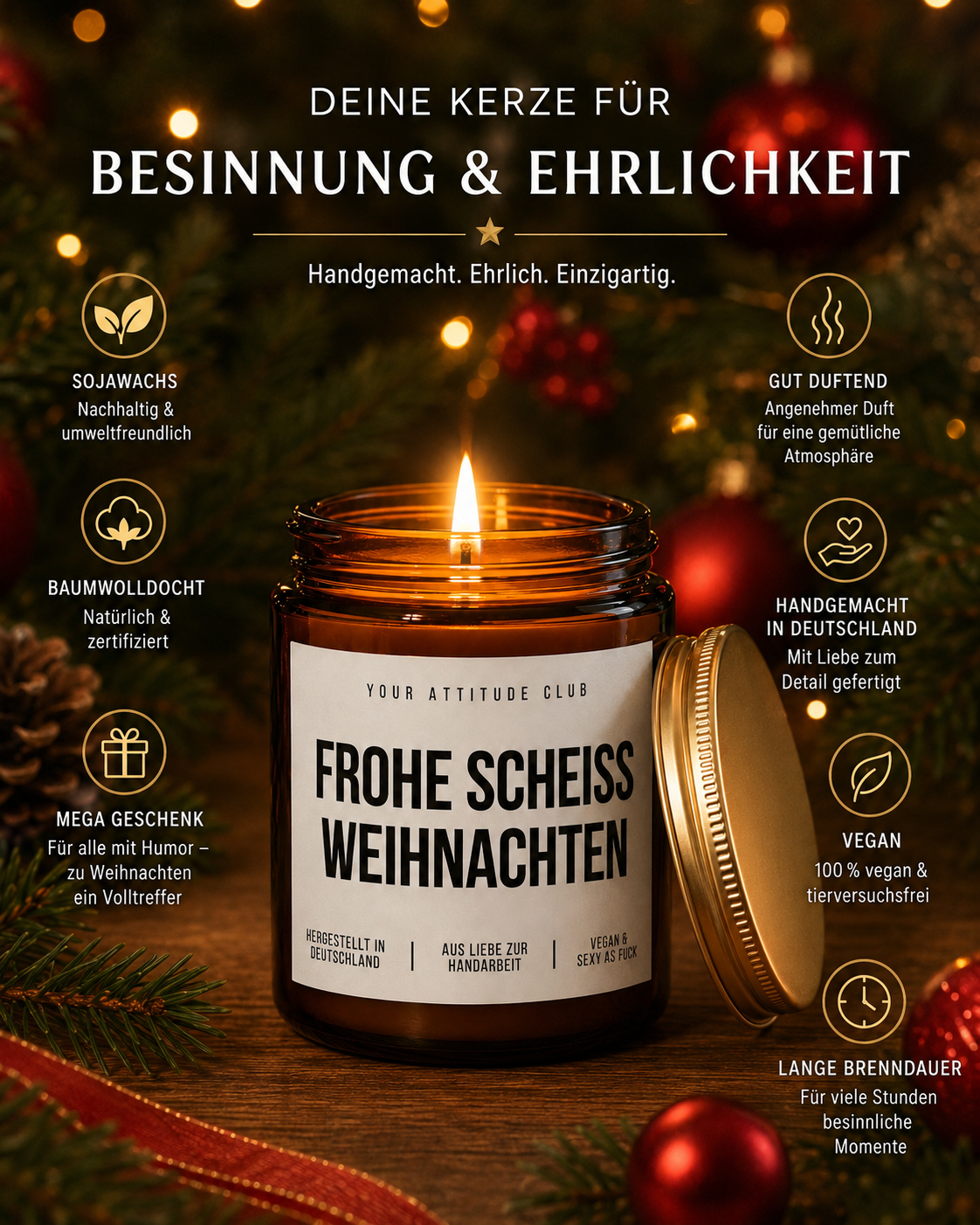FROHE SCHEISS WEIHNACHTEN Weihnachtskerze mit Spruch | freche Duftkerze | lustiges Weihnachtsgeschenk | Wichtelgeschenk Erwachsene | Sojawachs Kerze