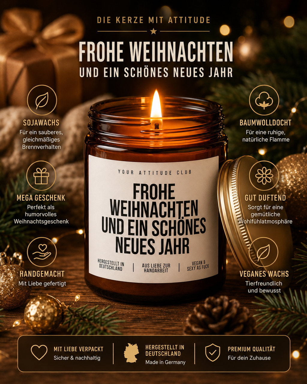 FROHE WEIHNACHTEN UND EIN SCHÖNES NEUES JAHR Weihnachtskerze mit Spruch | Duftkerze Geschenk | Weihnachtsgeschenk | Silvester Geschenk | Sojawachs Kerze