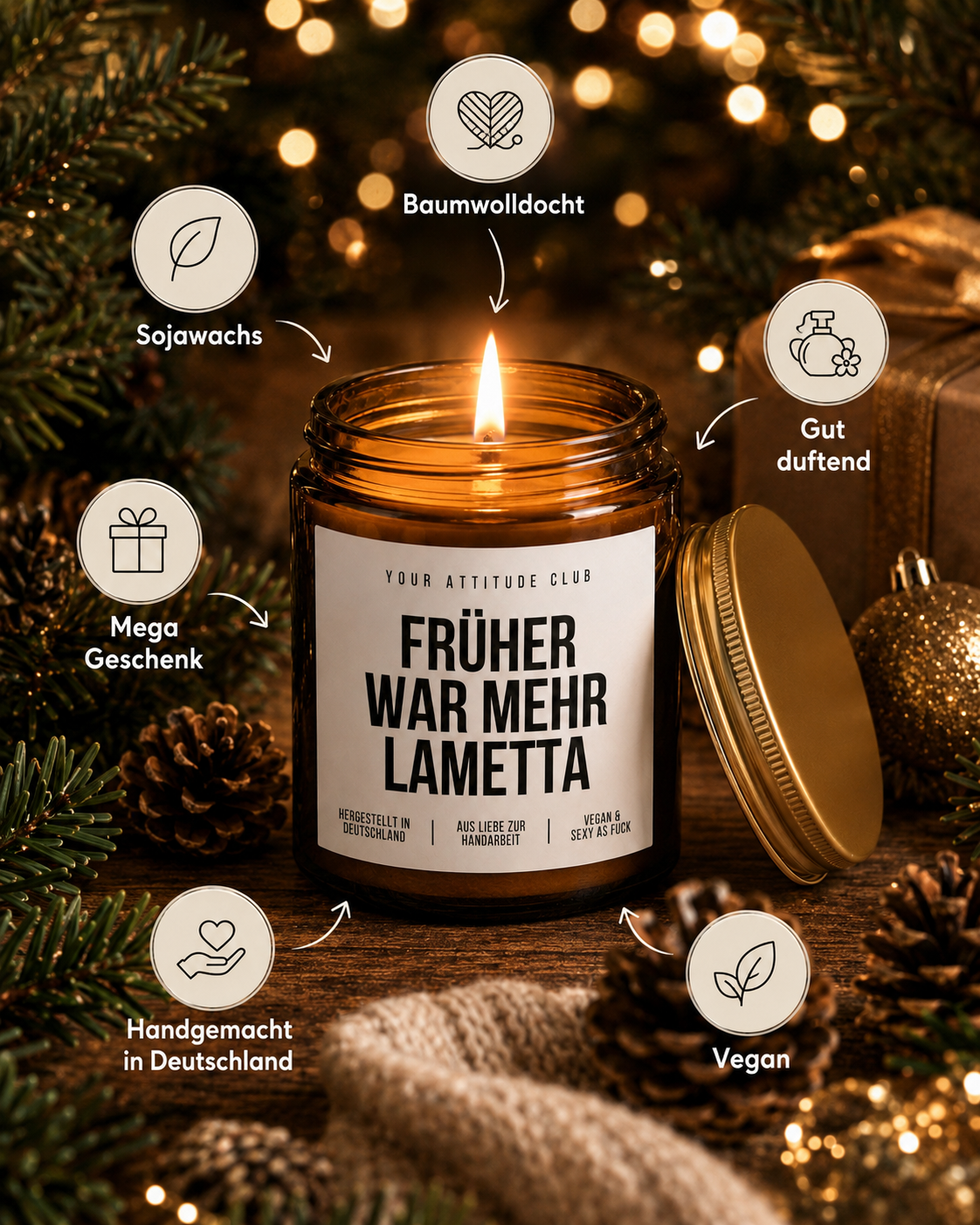 FRÜHER WAR MEHR LAMETTA Weihnachtskerze mit Spruch | lustige Duftkerze | nostalgisches Weihnachtsgeschenk | Wichtelgeschenk | Sojawachs Kerze handgemacht
