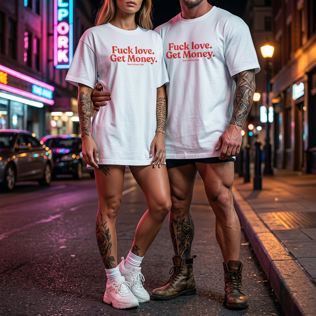F*ck love. Get Money. Shirt mit Frontprint – Oversize Unisex T-Shirt aus 100% Baumwolle, Statement Streetwear, Geschenkidee