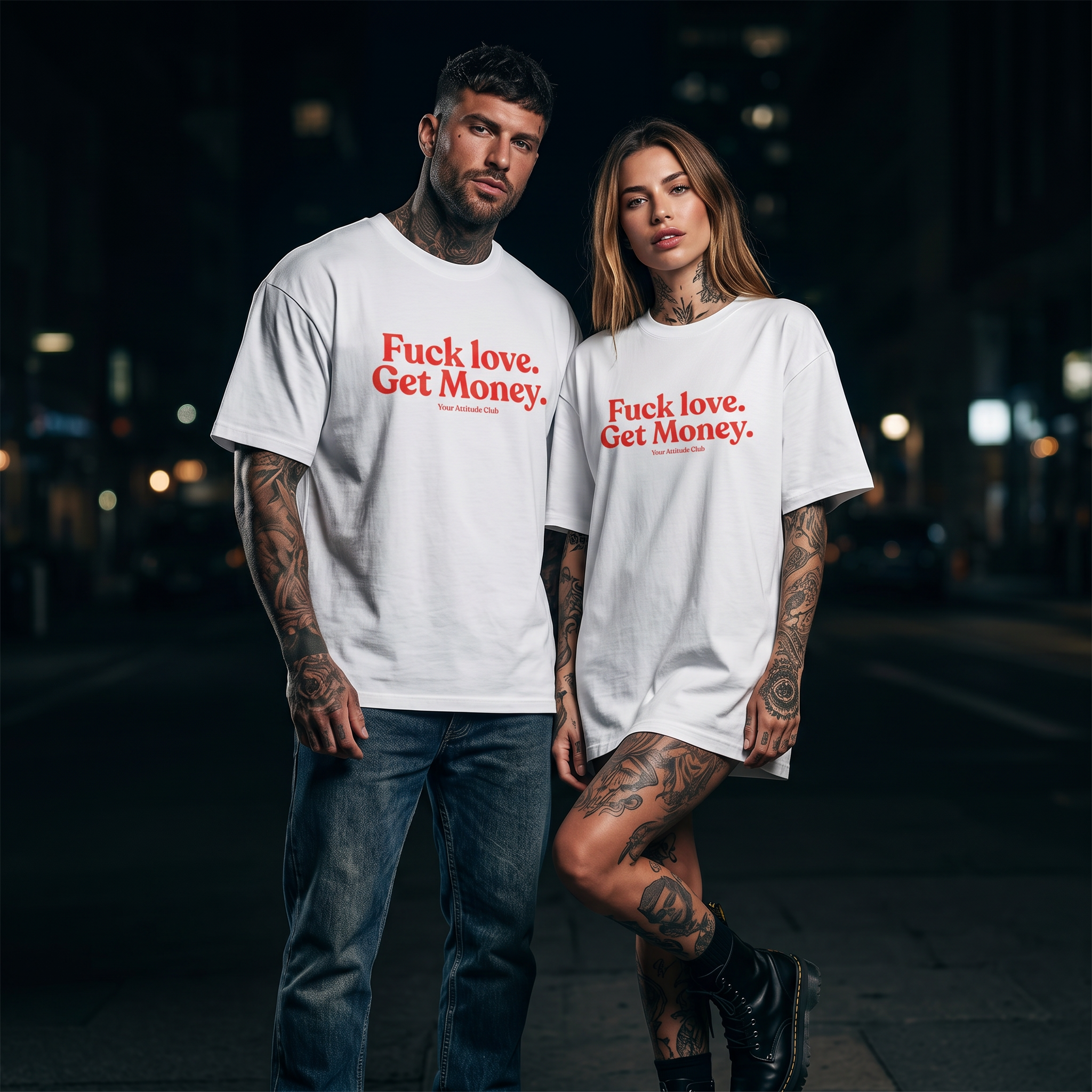F*ck love. Get Money. Shirt mit Frontprint – Oversize Unisex T-Shirt aus 100% Baumwolle, Statement Streetwear, Geschenkidee