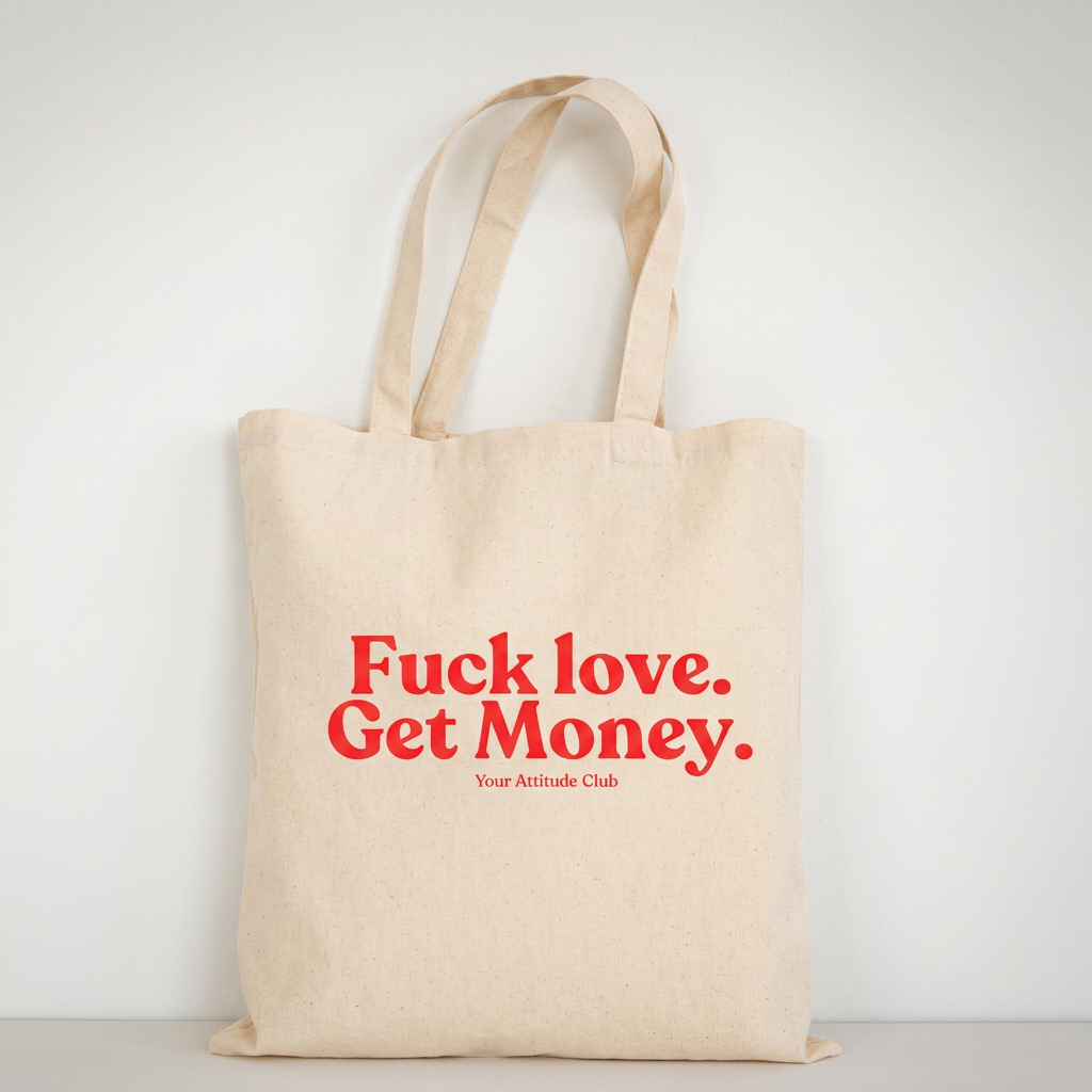 Fuck love. Get Money. Beutel – Baumwoll Tragetasche mit Spruch, Shopper Bag Damen Herren, Statement Stoffbeutel groß, Streetwear Tasche, nachhaltig