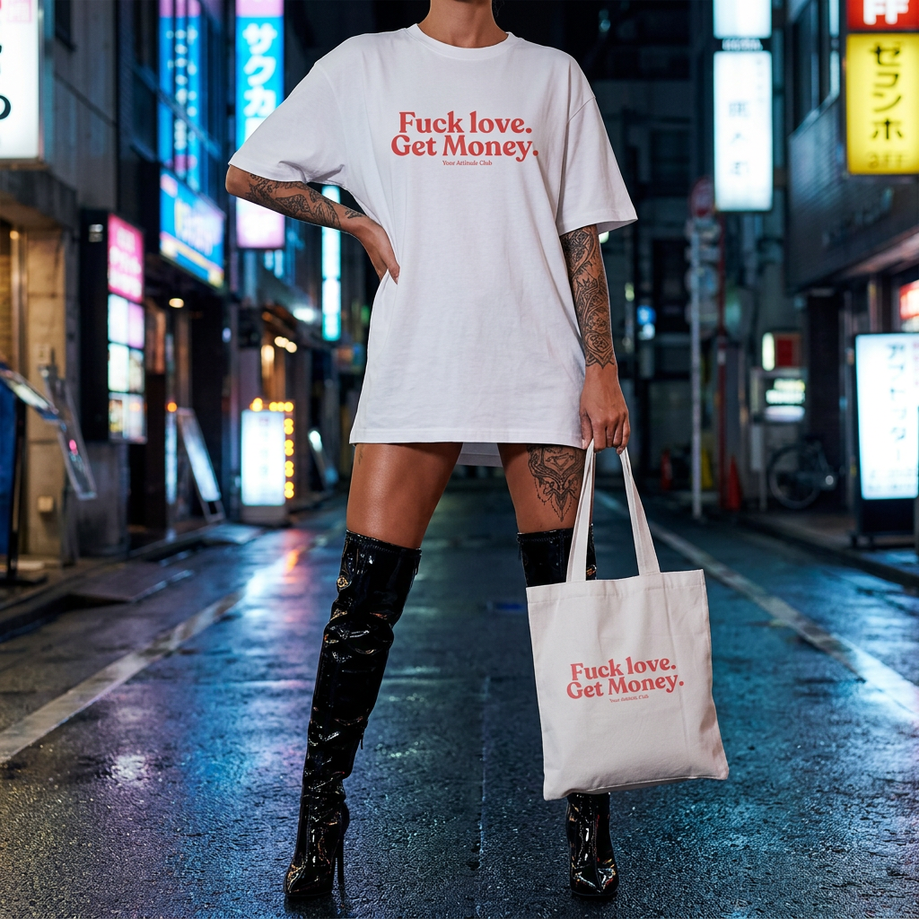 Fuck love. Get Money. Beutel – Baumwoll Tragetasche mit Spruch, Shopper Bag Damen Herren, Statement Stoffbeutel groß, Streetwear Tasche, nachhaltig