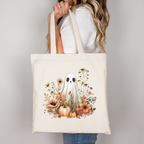 Herbst Tragetasche mit Geist und Blumen – Halloween Shopper aus Baumwolle – Handmade DTG Druck – Geschenkidee Herbst – Rosa, Beige, Schwarz
