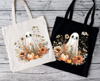 Herbst Tragetasche mit Geist und Blumen – Halloween Shopper aus Baumwolle – Handmade DTG Druck – Geschenkidee Herbst – Rosa, Beige, Schwarz