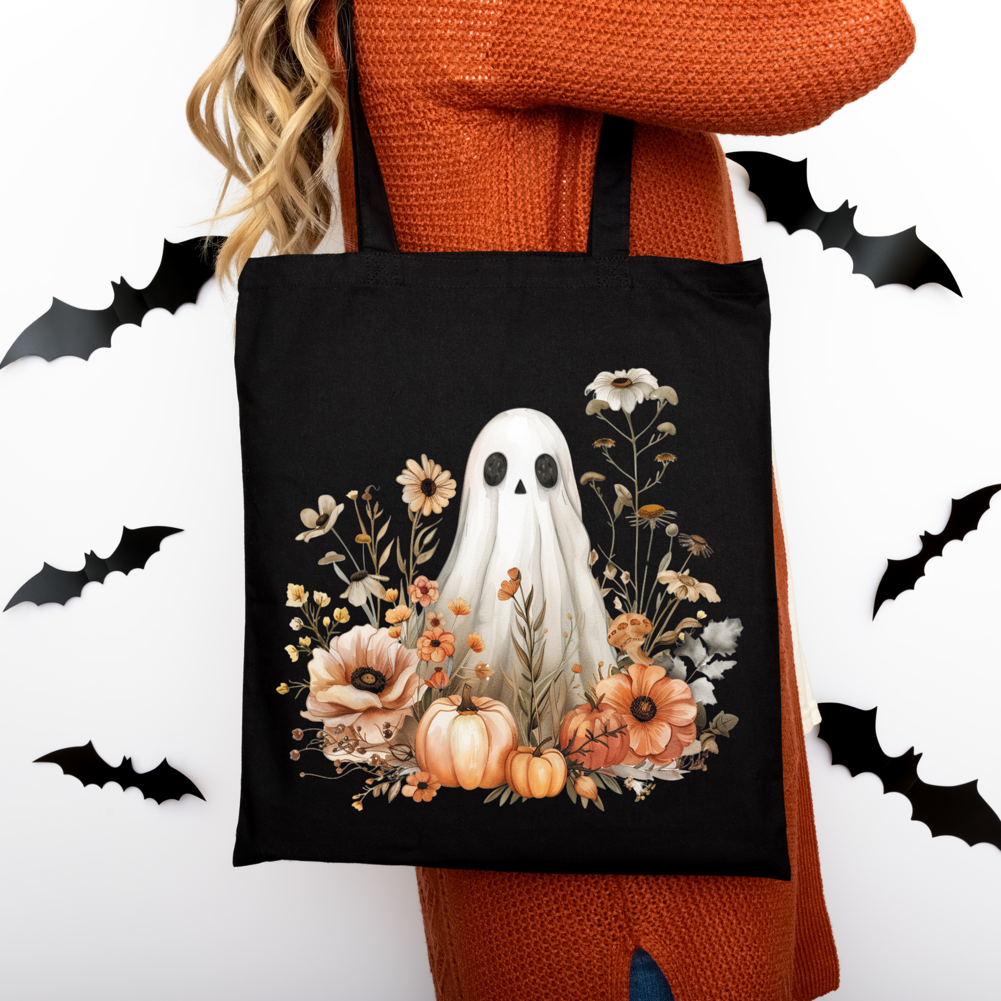 Herbst Tragetasche mit Geist und Blumen – Halloween Shopper aus Baumwolle – Handmade DTG Druck – Geschenkidee Herbst – Rosa, Beige, Schwarz