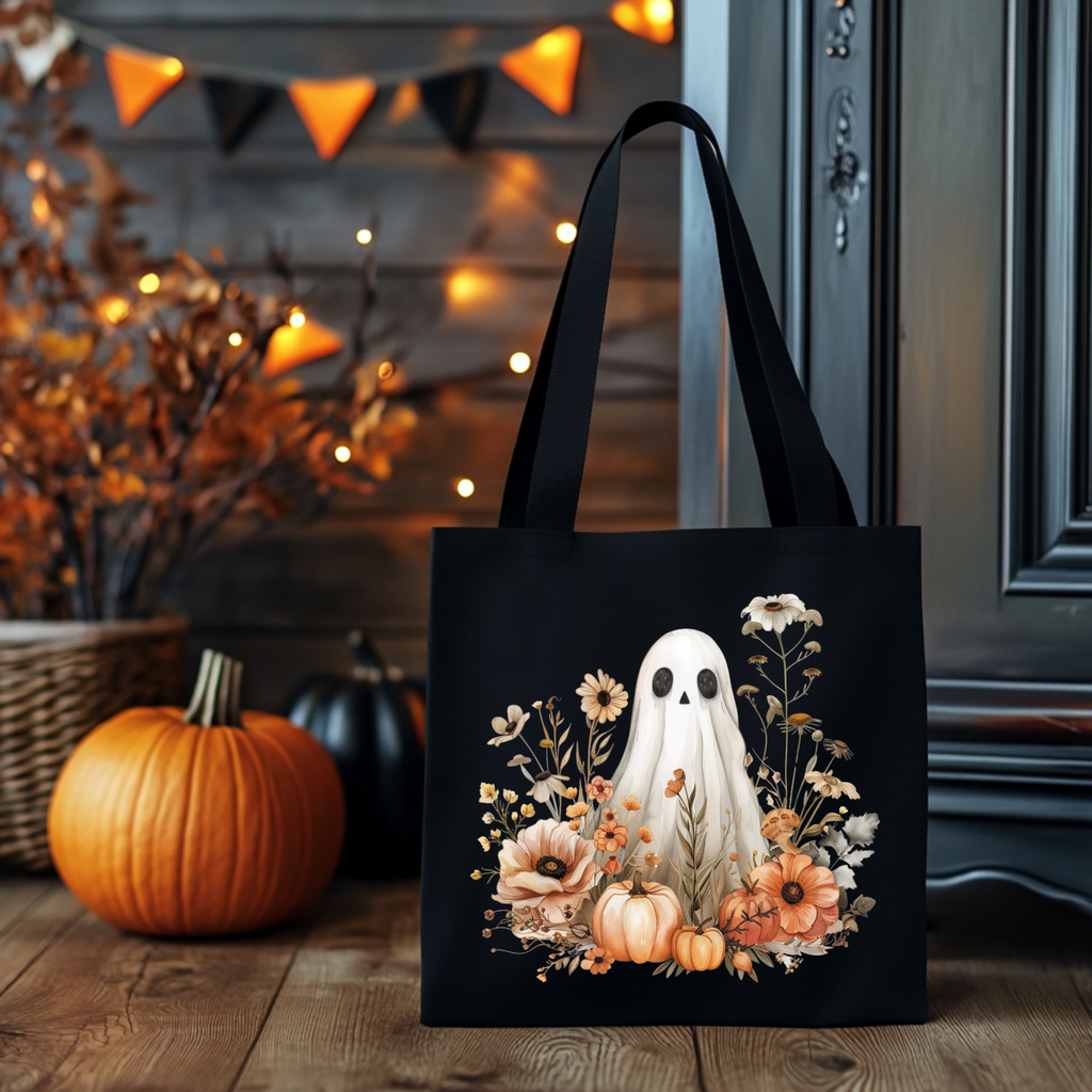 Herbst Tragetasche mit Geist und Blumen – Halloween Shopper aus Baumwolle – Handmade DTG Druck – Geschenkidee Herbst – Rosa, Beige, Schwarz
