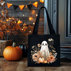 Herbst Tragetasche mit Geist und Blumen – Halloween Shopper aus Baumwolle – Handmade DTG Druck – Geschenkidee Herbst – Rosa, Beige, Schwarz