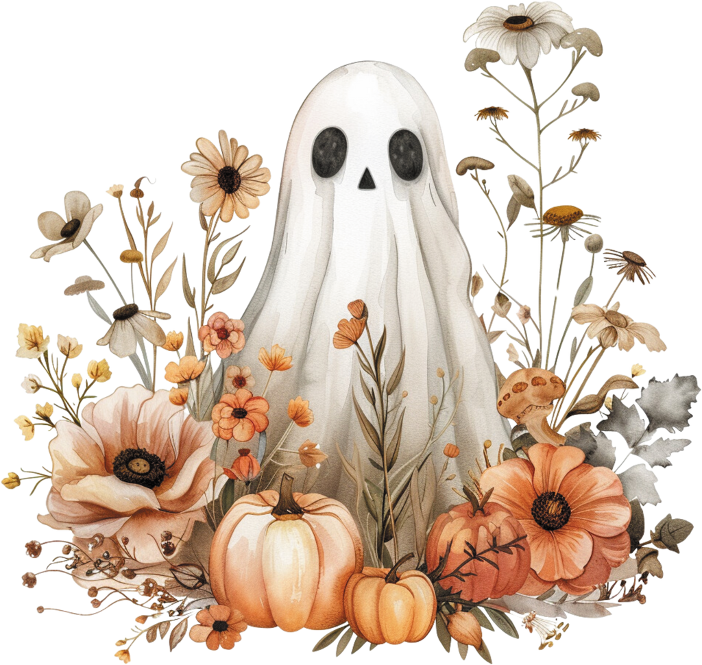 Herbst Tragetasche mit Geist und Blumen – Halloween Shopper aus Baumwolle – Handmade DTG Druck – Geschenkidee Herbst – Rosa, Beige, Schwarz