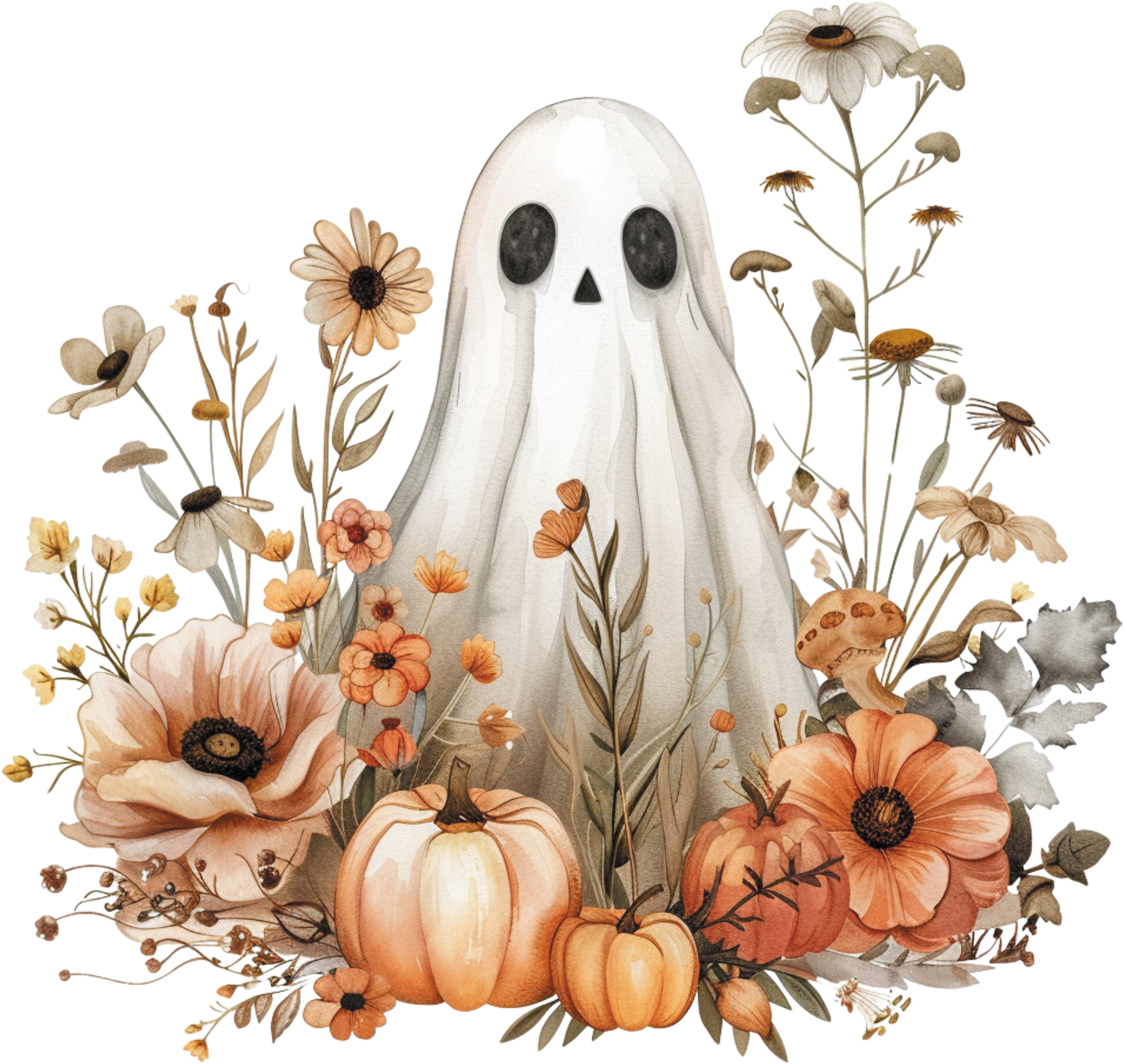 Herbst Tragetasche mit Geist und Blumen – Halloween Shopper aus Baumwolle – Handmade DTG Druck – Geschenkidee Herbst – Rosa, Beige, Schwarz