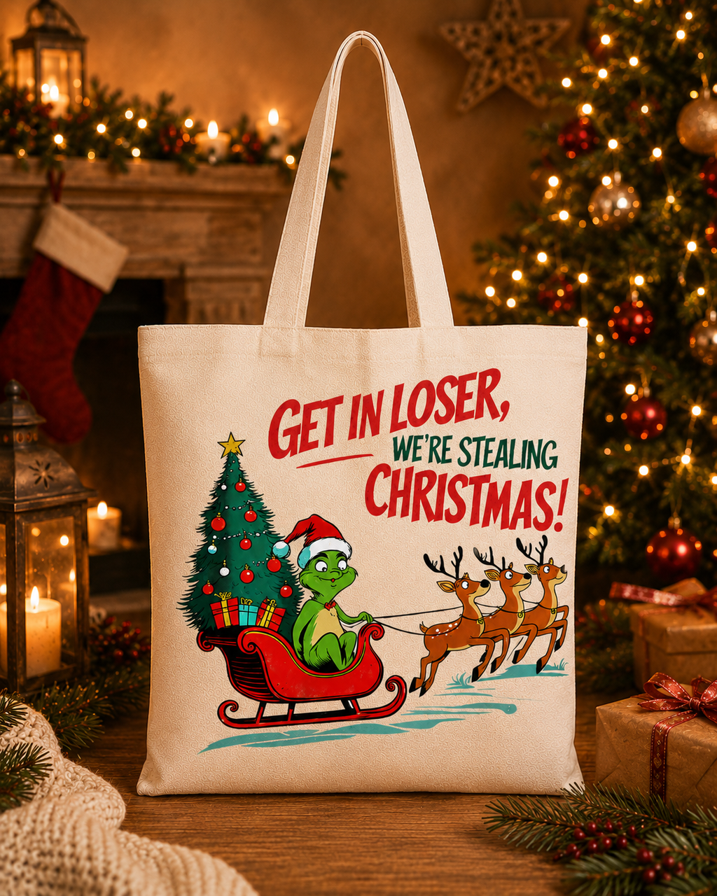 Get in Loser, We’re Stealing Christmas – Weihnachtlicher Stoffbeutel mit frechem Weihnachtsmotiv | Baumwolltasche mit langen Henkeln | Lustiges Weihnachtsgeschenk