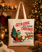Get in Loser, We’re Stealing Christmas – Weihnachtlicher Stoffbeutel mit frechem Weihnachtsmotiv | Baumwolltasche mit langen Henkeln | Lustiges Weihnachtsgeschenk