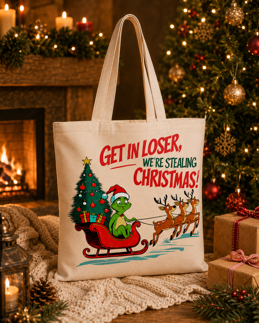 Get in Loser, We’re Stealing Christmas – Weihnachtlicher Stoffbeutel mit frechem Weihnachtsmotiv | Baumwolltasche mit langen Henkeln | Lustiges Weihnachtsgeschenk