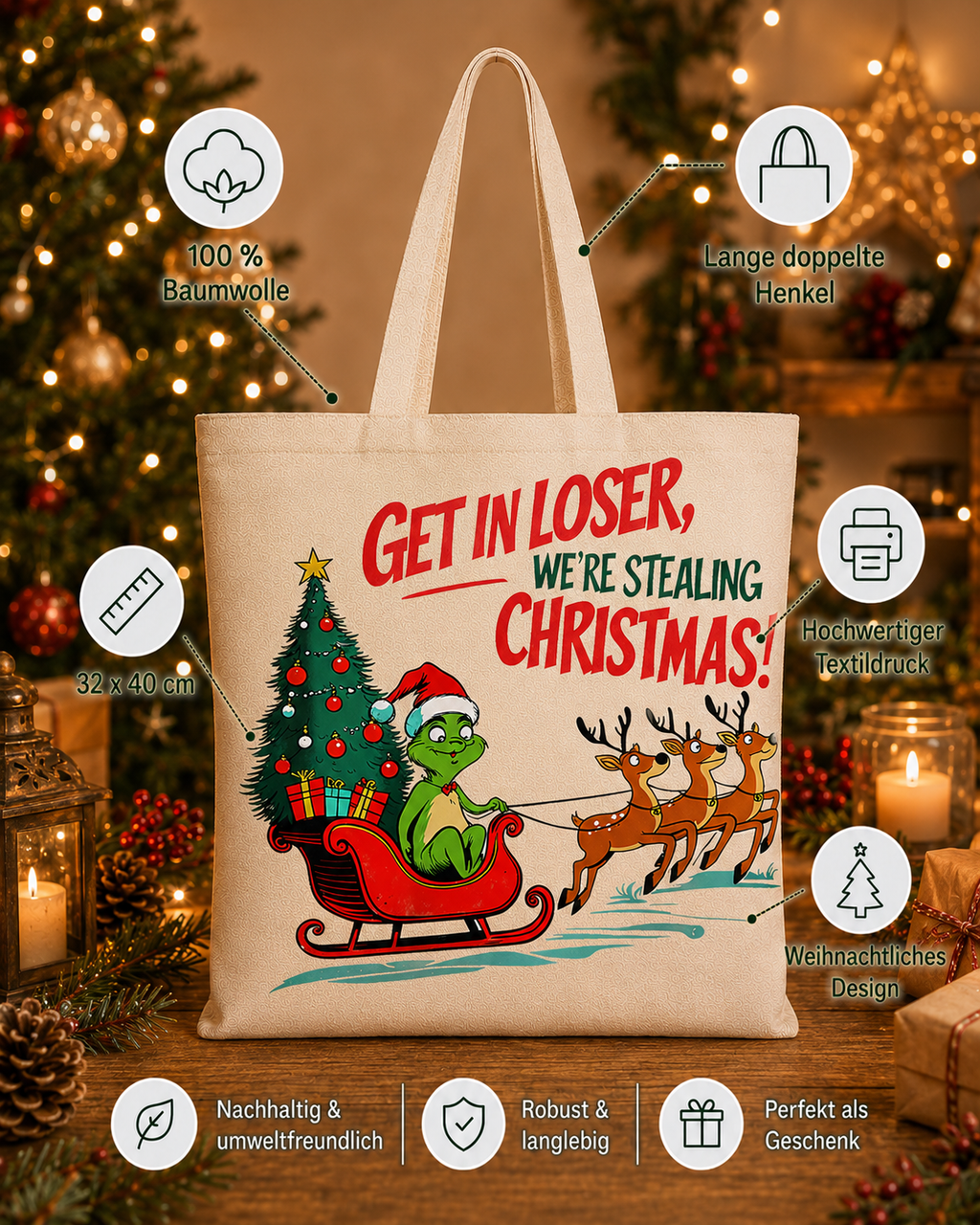 Get in Loser, We’re Stealing Christmas – Weihnachtlicher Stoffbeutel mit frechem Weihnachtsmotiv | Baumwolltasche mit langen Henkeln | Lustiges Weihnachtsgeschenk