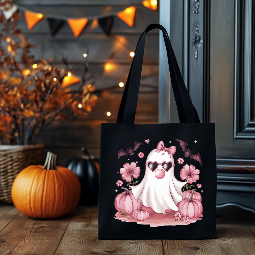 Halloween Tragetasche mit süßem Geist & Kürbissen – Baumwollbeutel rosa, beige oder schwarz – auch als Bügelbild für Shirts & Kissen
