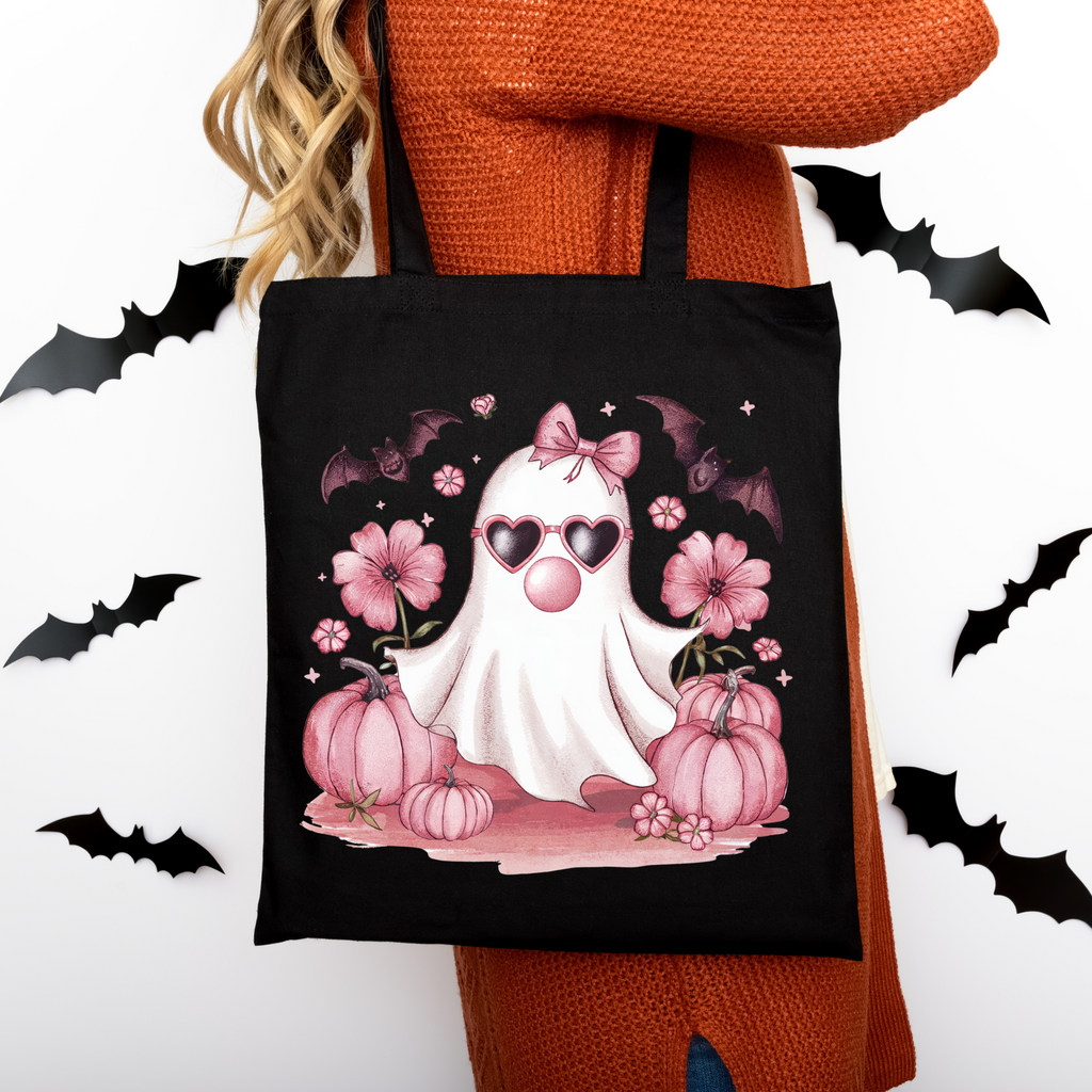 Halloween Tragetasche mit süßem Geist & Kürbissen – Baumwollbeutel rosa, beige oder schwarz – auch als Bügelbild für Shirts & Kissen
