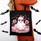 Halloween Tragetasche mit süßem Geist & Kürbissen – Baumwollbeutel rosa, beige oder schwarz – auch als Bügelbild für Shirts & Kissen