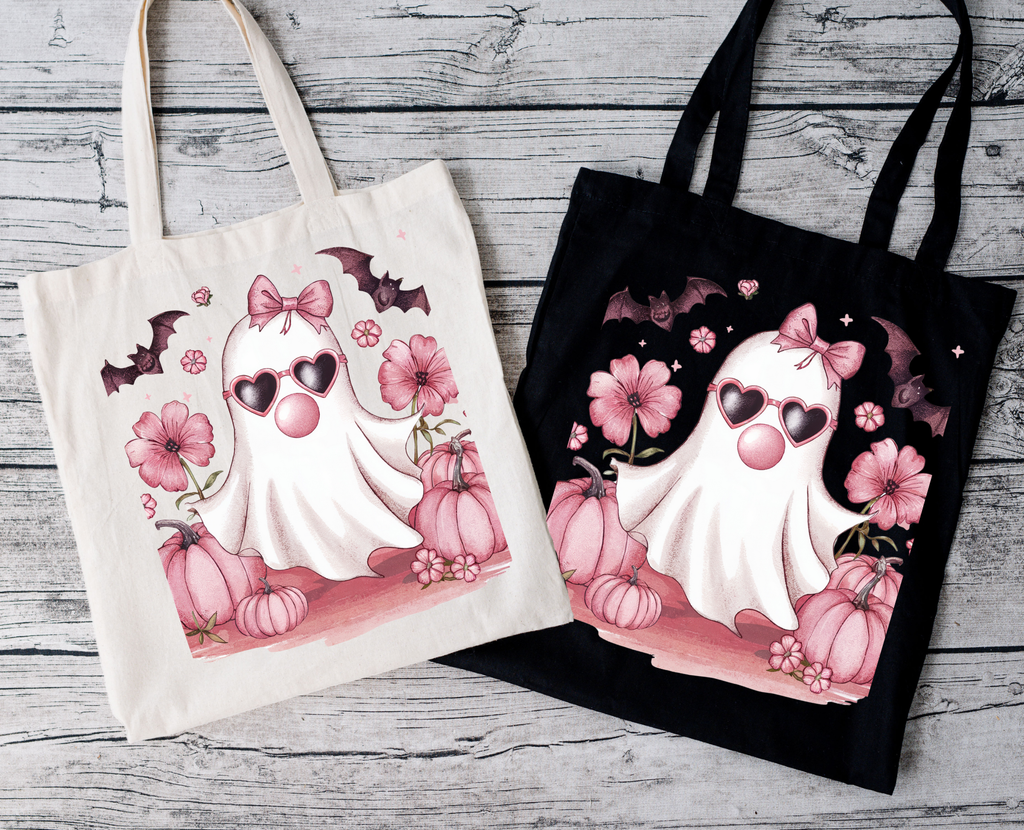 Halloween Tragetasche mit süßem Geist & Kürbissen – Baumwollbeutel rosa, beige oder schwarz – auch als Bügelbild für Shirts & Kissen