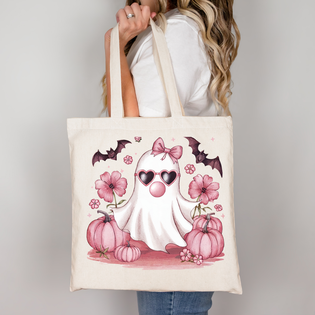 Halloween Tragetasche mit süßem Geist & Kürbissen – Baumwollbeutel rosa, beige oder schwarz – auch als Bügelbild für Shirts & Kissen