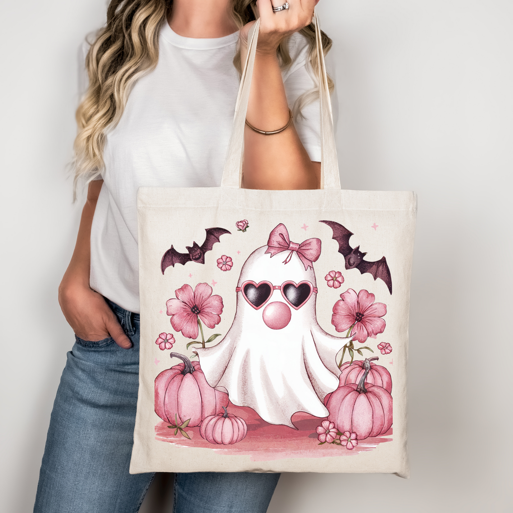Halloween Tragetasche mit süßem Geist & Kürbissen – Baumwollbeutel rosa, beige oder schwarz – auch als Bügelbild für Shirts & Kissen