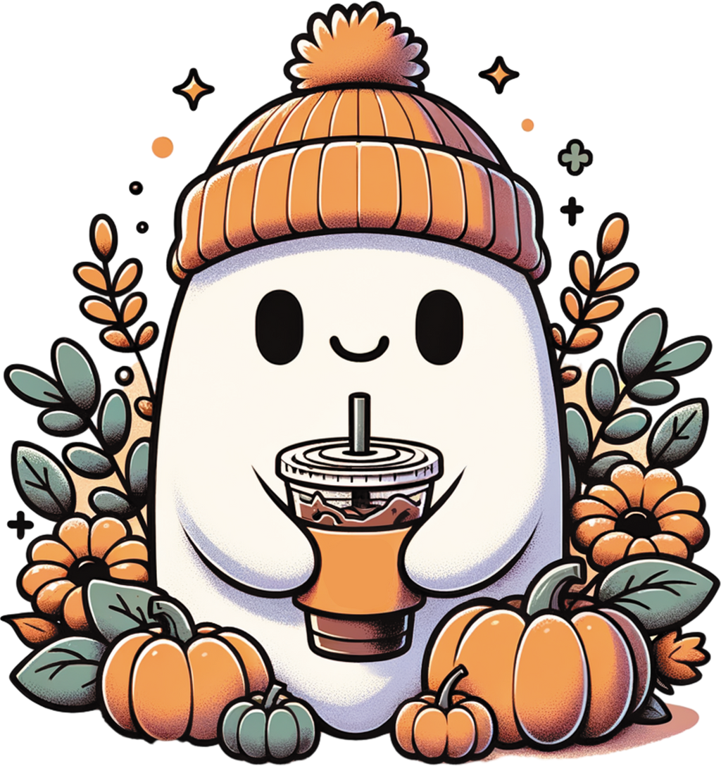 Herbst Tragetasche Ghost mit Kaffee – Halloween Tasche aus Baumwolle 38x42cm in Rosa, Beige oder Schwarz – auch als Bügelbild