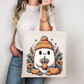 Herbst Tragetasche Ghost mit Kaffee – Halloween Tasche aus Baumwolle 38x42cm in Rosa, Beige oder Schwarz – auch als Bügelbild