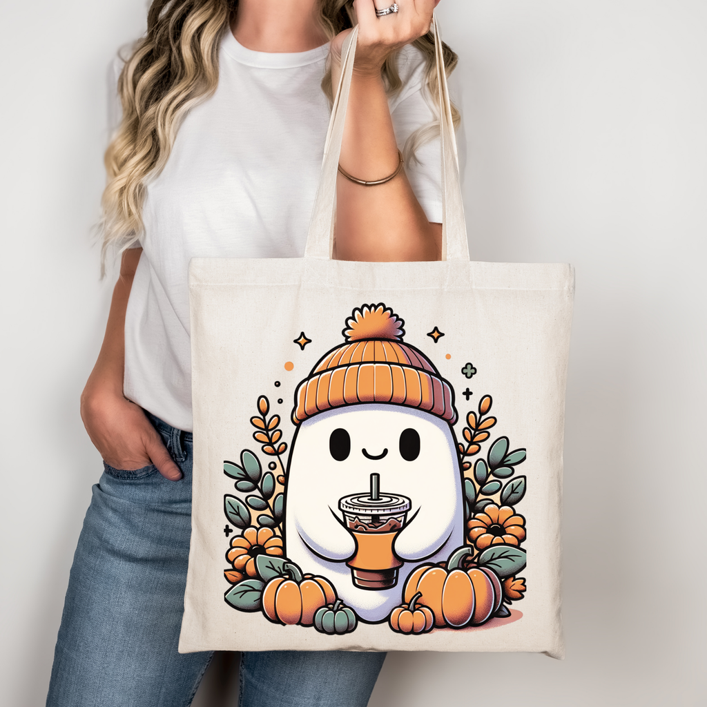 Herbst Tragetasche Ghost mit Kaffee – Halloween Tasche aus Baumwolle 38x42cm in Rosa, Beige oder Schwarz – auch als Bügelbild