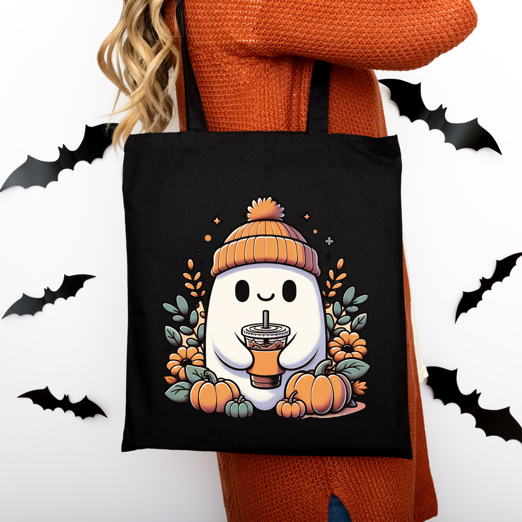 Herbst Tragetasche Ghost mit Kaffee – Halloween Tasche aus Baumwolle 38x42cm in Rosa, Beige oder Schwarz – auch als Bügelbild