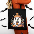 Herbst Tragetasche Ghost mit Kaffee – Halloween Tasche aus Baumwolle 38x42cm in Rosa, Beige oder Schwarz – auch als Bügelbild