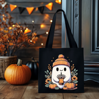 Herbst Tragetasche Ghost mit Kaffee – Halloween Tasche aus Baumwolle 38x42cm in Rosa, Beige oder Schwarz – auch als Bügelbild